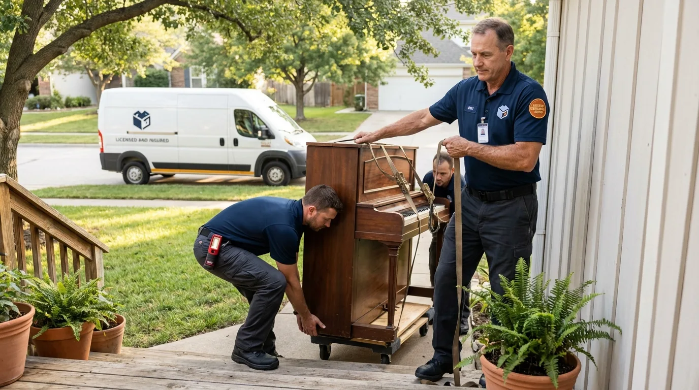 Licensed piano movers securing grand piano in Marshall, AK