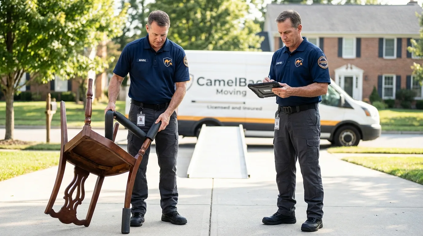 Movers inspecting furniture for damage prevention before loading in Marshall, AK