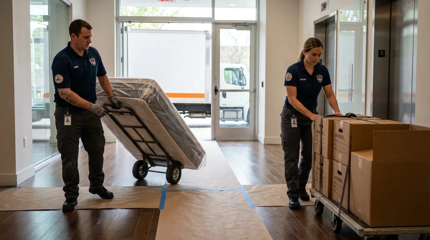 Professional apartment movers loading elevator in Marshall, AK
